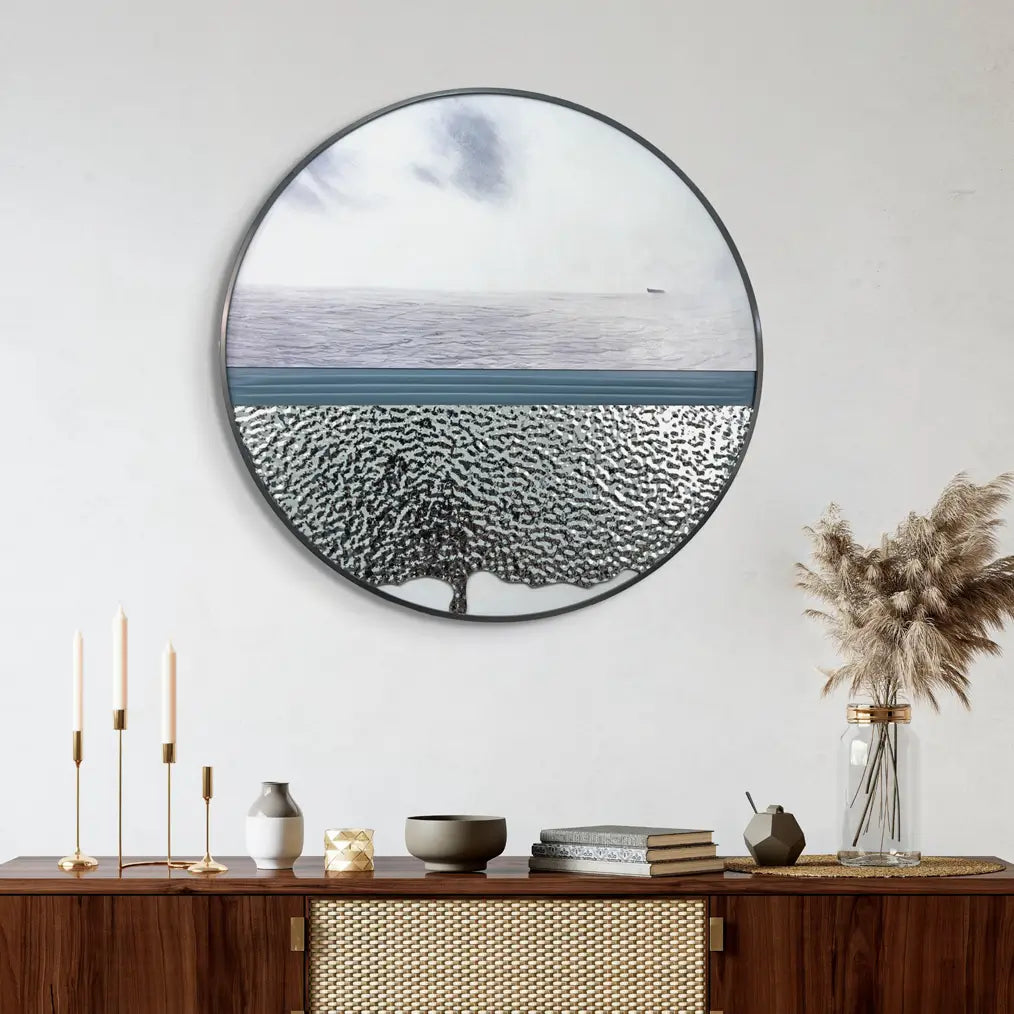 Endlessness Oceanic art piece with flowing, abstract waves in calming blues and whites, evoking the vast and serene beauty of the ocean.